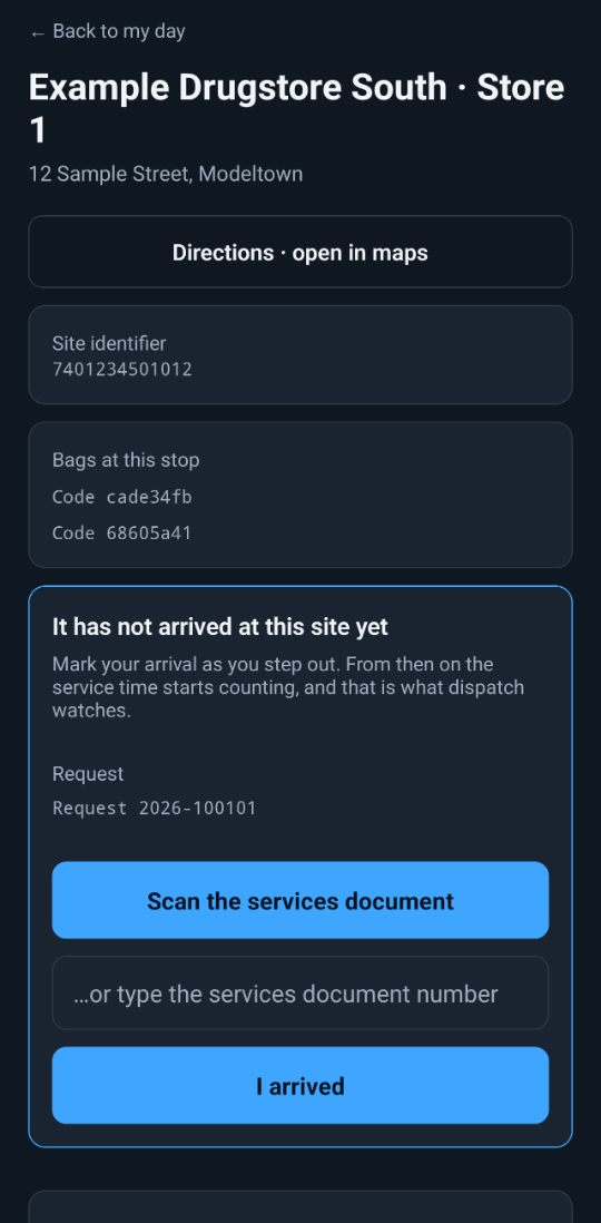The driver app at a stop: scan the delivery note and mark the arrival.