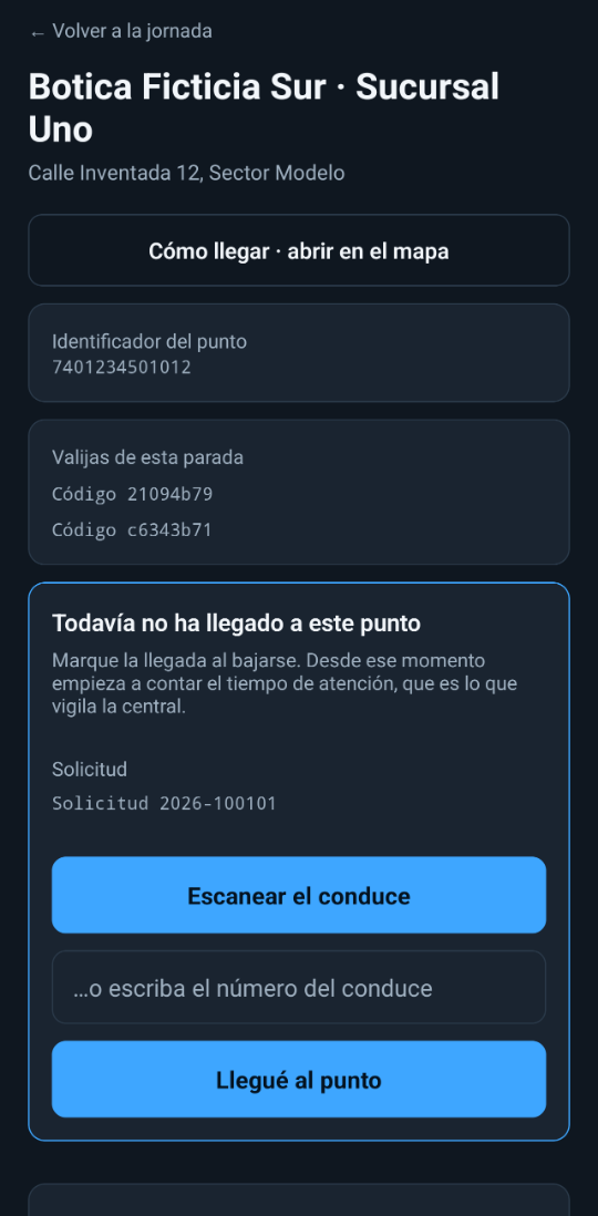 La app del chofer en una parada: escanear el conduce y marcar la llegada.